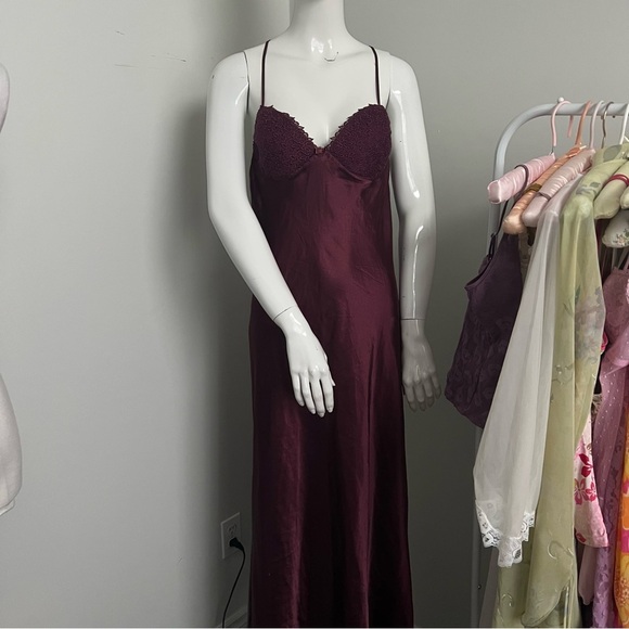 Vintage Burgundy Satin Lace Trim Maxi Slip Dress • Romantic Evening 44/ L - Picture 3 of 9